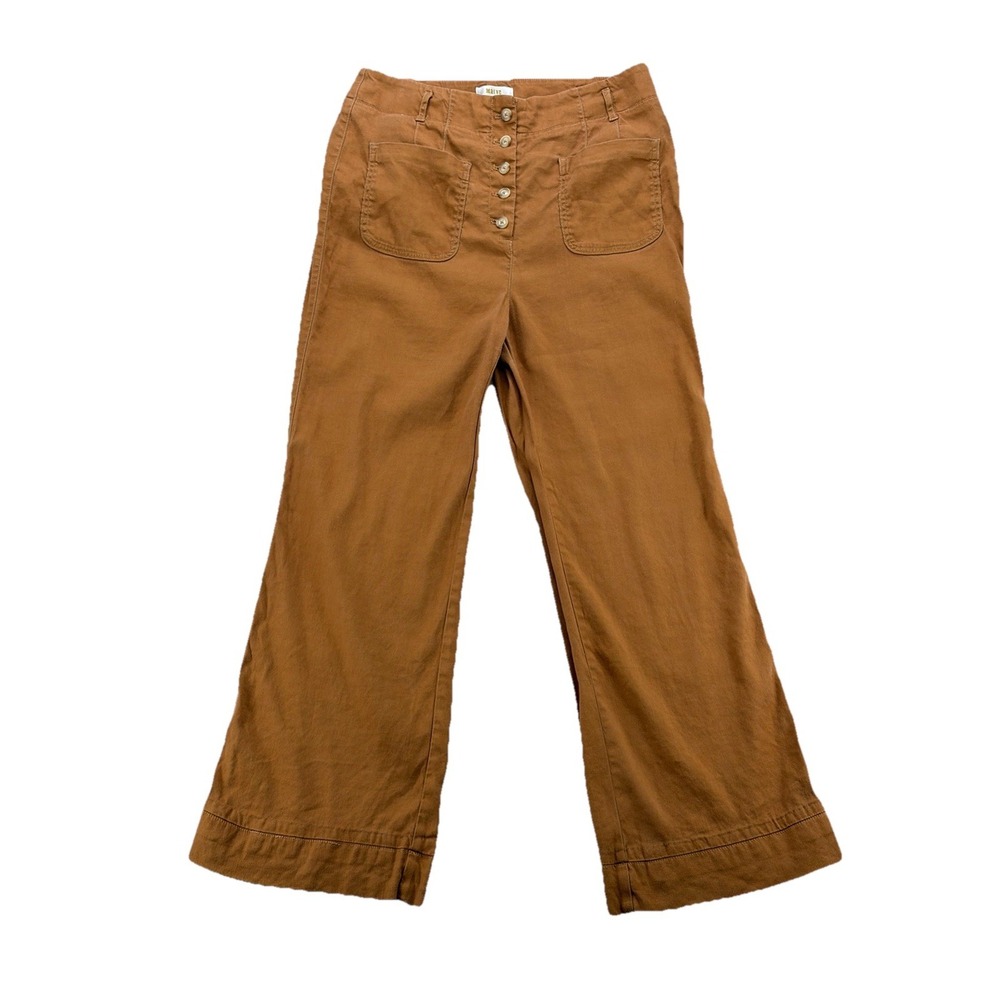 Maeve Anthropologie Button Fly Bootcut Linen Pants Womens 10 Brown Brick